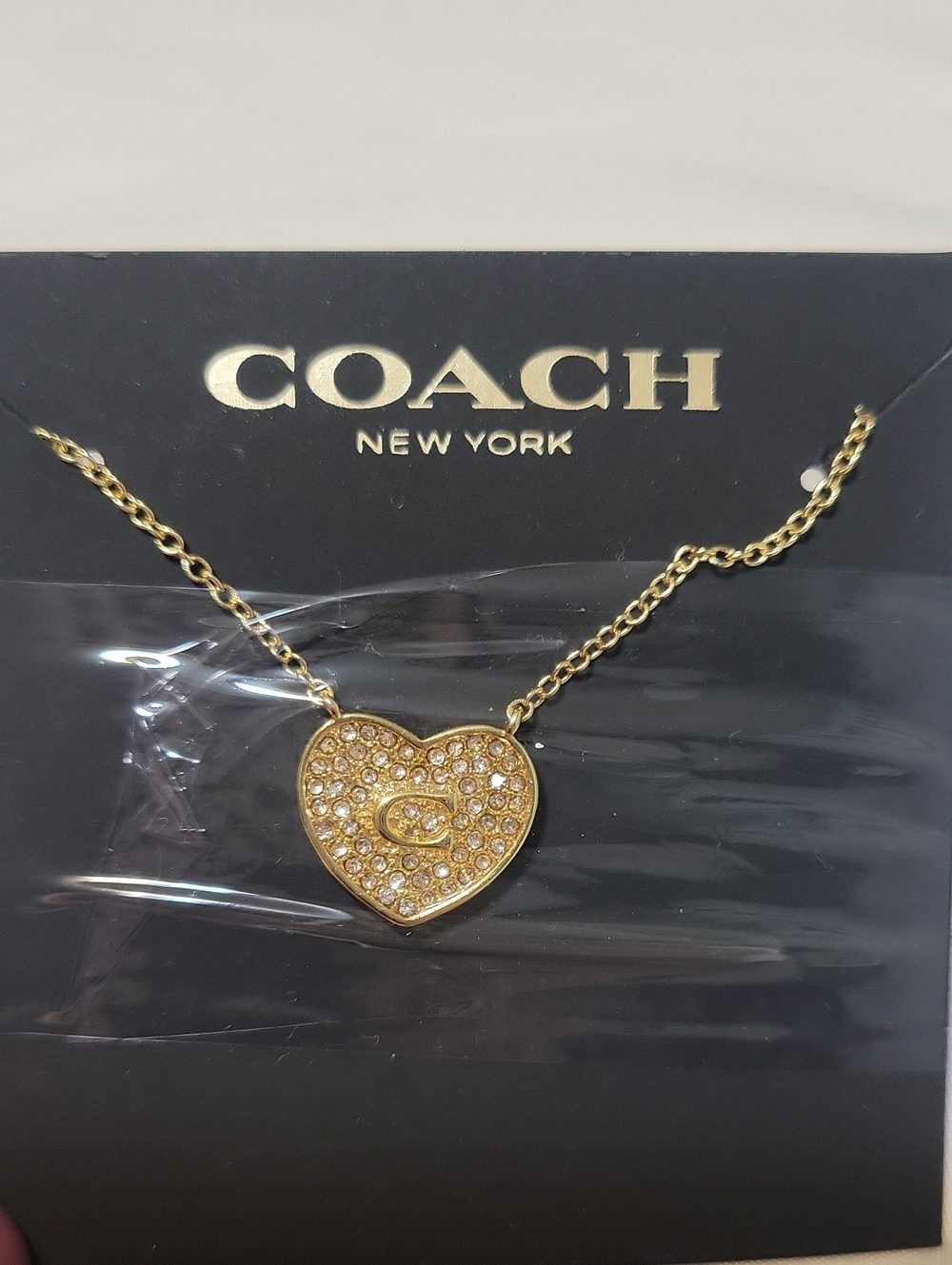 Coach Gold Heart Pendant Necklace with Crystal Accents
